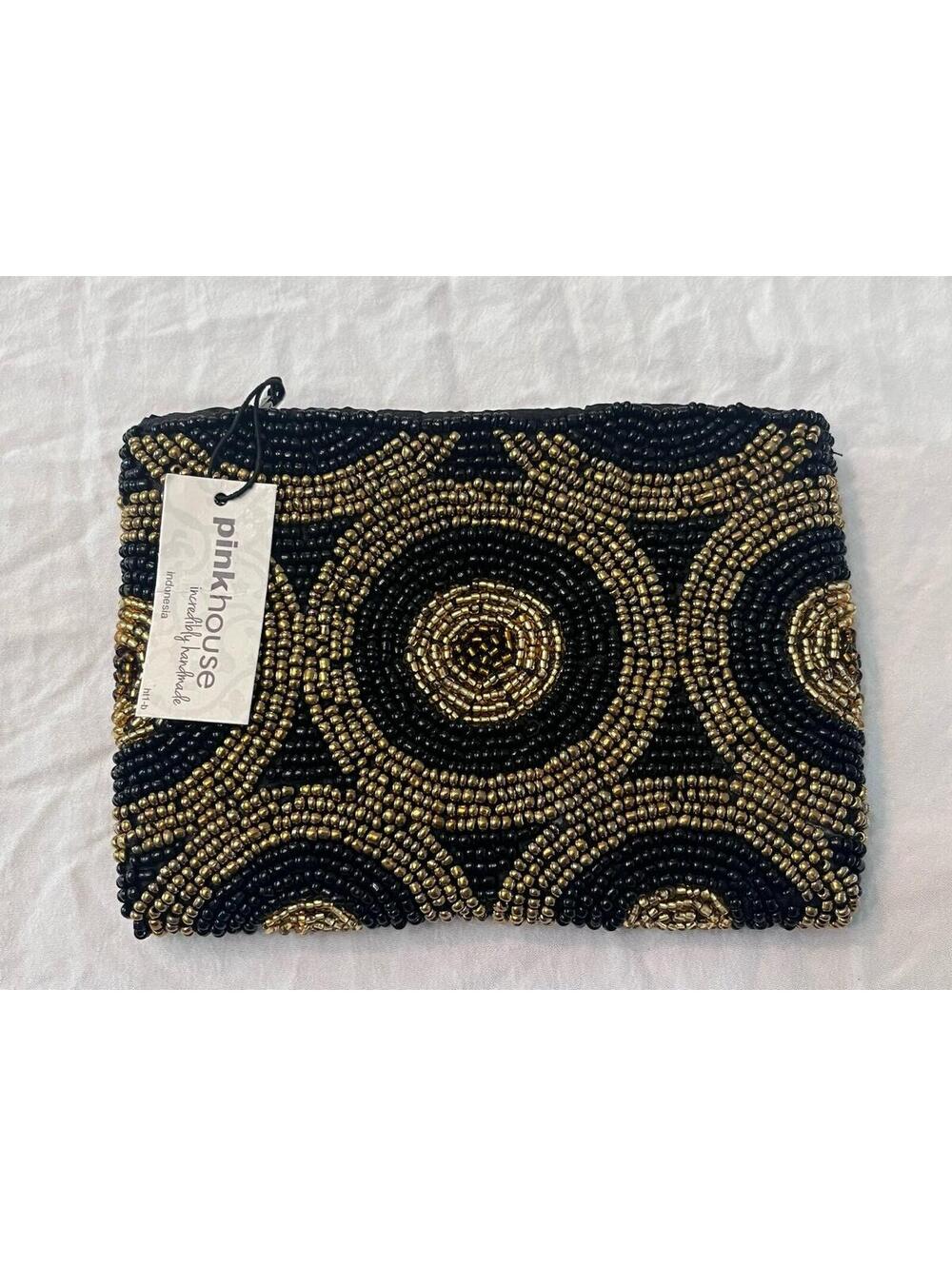 Pinkhouse Beaded Clutch Black Gold Cirlcles Small Zippered Retro Bag Purse NWT